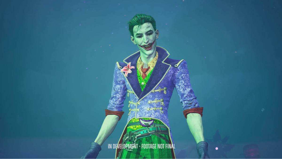 Suicide Squad: Kill the Justice League Joker screenshot showing a man with a painted clown face smiling creepily.